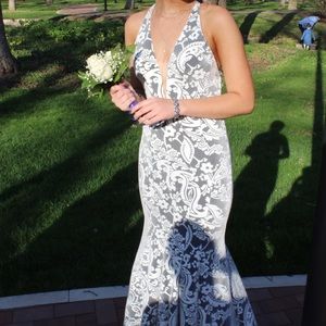 Tiffany Designs Dresses - Gray and White Patterned Prom Dress Tiffany Designs Dresses - Gray and White Patterned Prom Dress